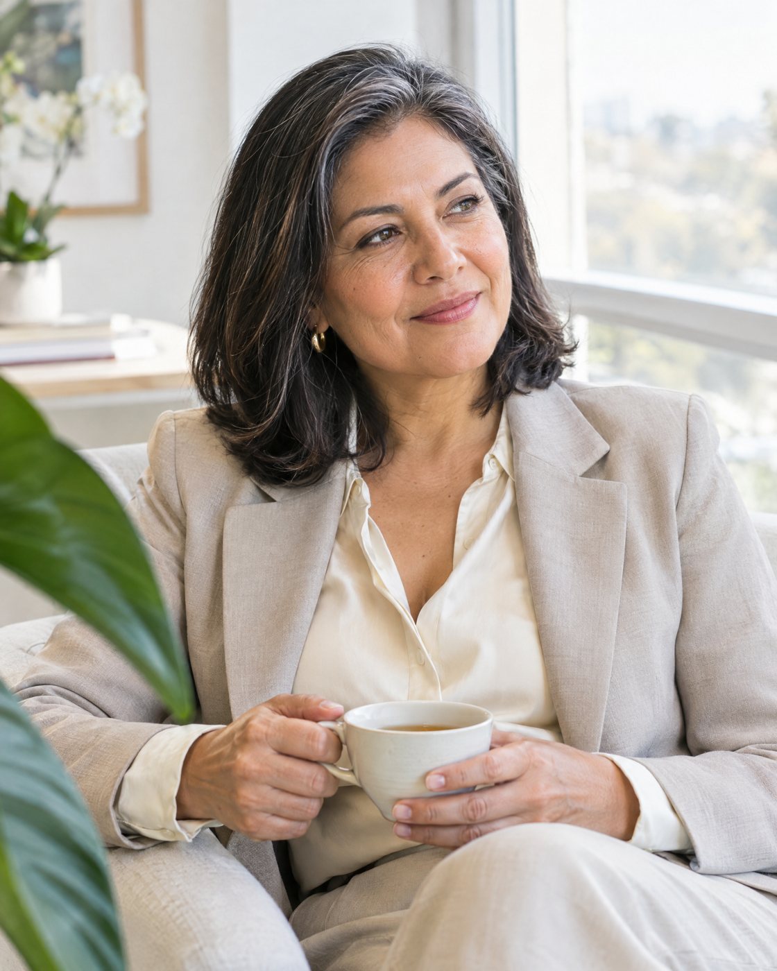 Concierge medicine centered on you A woman executive sits with a cup of tea during a private office consultation