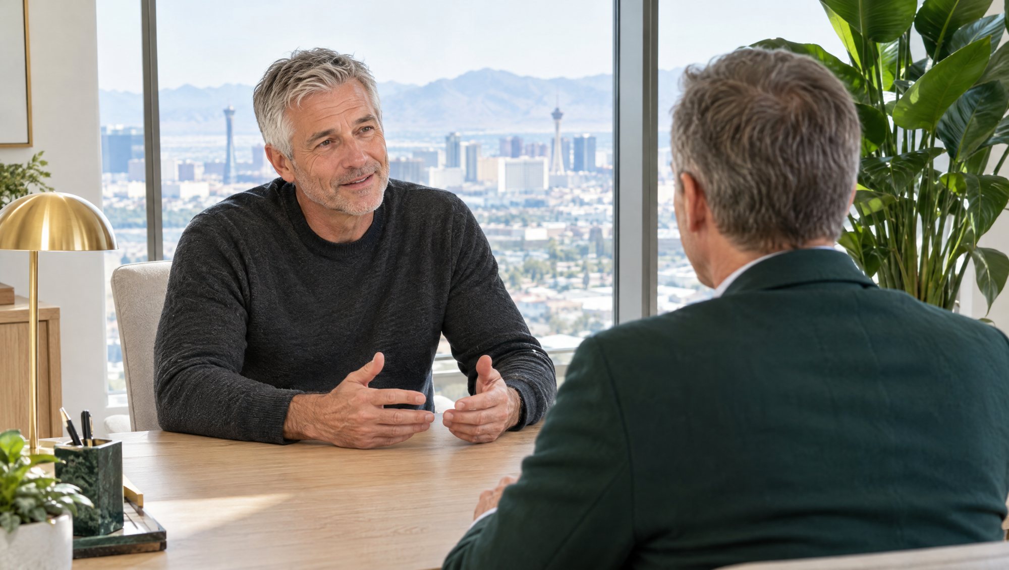 A man in a dark sweater talks with a physician beside a Las Vegas skyline window A man in a dark sweater talks with a physician beside a Las Vegas skyline window