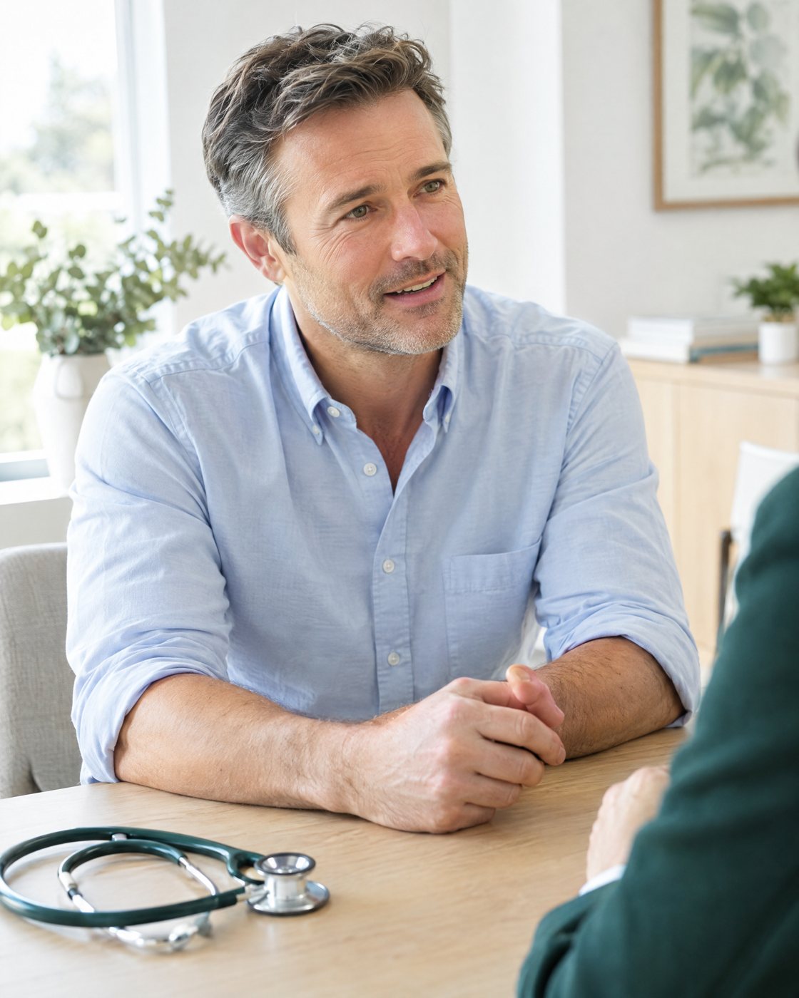 Your everyday primary care A man in a blue shirt speaks with his physician